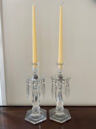 Pair Of Vintage Glass  Crystal Candle Holders, Measure 12' Tall
