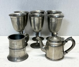 A Lot Of SIX Antique Pewter Wine Goblets 1 Mug & 1 Single Serve Tea Pot