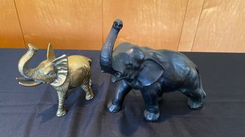 Pair Of Black Cast Metal & Brass Decorative Elephants