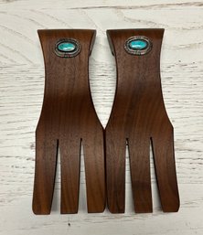 A PAIR Of Wood Salad Servers With Turquoise Decorative Detail