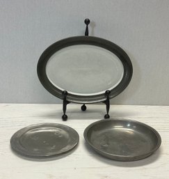 Lot Of 3 Serving Plates - 2 Pewter & 1 Trimmed In Pewter