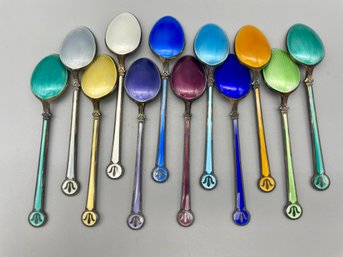 Collection Of 12 David Andersen ( Denmark)-enamel Sterling Demitasse Spoons.