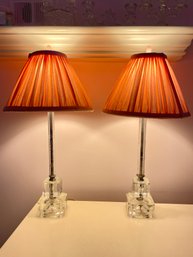 Matching Pair Of Etched Glass Table Lamps With Pinkish Shades.  22' Tall
