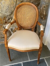 Vintage Louis XVI Style Cane Back Upholstered Seat  Arm Chair - Made In Italy