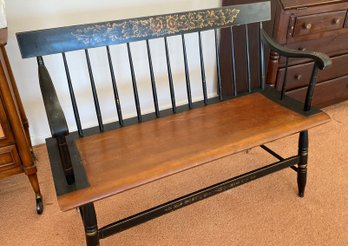 AN HITCHCOCK STENCIL DECORATED SPINDLE BACK SETTEE BENCH - MADE IN USA