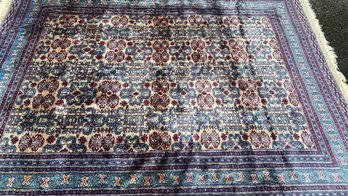 A Lovely SILK Cream Background Blue & Red Area Rug With Fringe - 63'w X 93'long