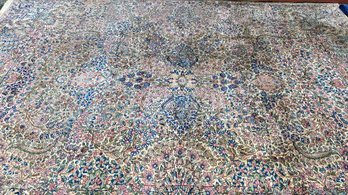 Hand Knotted Wool Carpet  Blue Pink & Cream Overall With Fringe Made In Iran - 103' X 141'