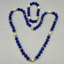 14k Gold Filigree  Clasp, Lapis And Pearls -necklace And Bracelet Set.