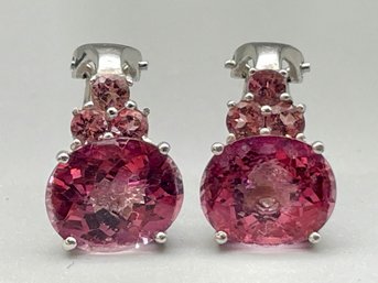 Pair Of 14k White Gold And Pink Topaz ? Earrings.