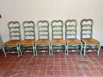 Set Of Six Antique France Provincial Rush Seat And Ladder Back Dinning Chairs.