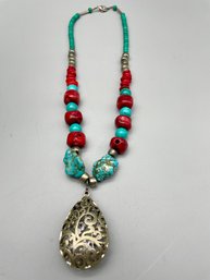 Artisan Made , Southwestern  Motif Beads And Silver-plated Necklace.