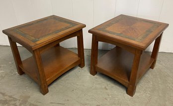 A Pair Of Arts  & Crafts Wood And Stone Inlay Side Table.