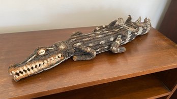 An Handmade Knit Alligator With Shell Eyes  And Wooden Teeth ( One Of A Kind )  29' Long 5' H.