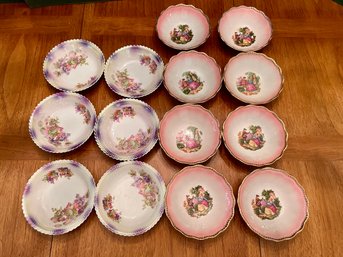 Collection Of 14 Vintage Decorative Porcelain Dessert Bowls. Two Sets.