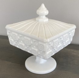 Vintage Westmoreland Milk Glass Covered Candy Dish On Pedestal 'Old Quilt' Pattern.