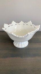 A Vintage Milk Glass Thumbprint Pedestal Bowl Footed With Scalloped Edge