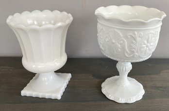 Vintage Milk Glass Ribbed Pedestal Vase / Urn & Ruffled Pedestal Compote