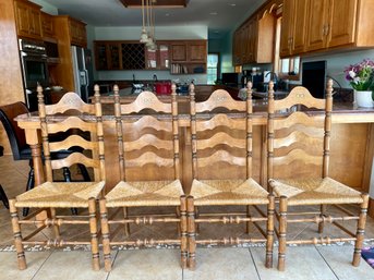 Four Vintage ,stenciled Ladder Back Dining Country Chairs With Rush Seats