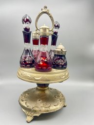 Antique Ruby Red Etched Glass Cruet Set.