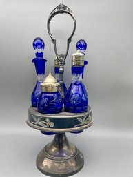 Antique Cobalt Blue Etched Glass Cruet Set.