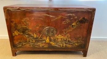 A Classic  Red Black And Gold Chinoiserie Three Drawer Cabinet