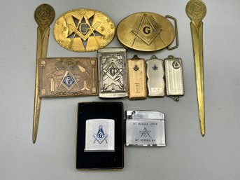 Vintage Collection Of Freemason's Items. Belt Buckles, Letter Openers,lighter And More. (masonic 3)