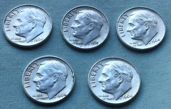 Lot Of 5 Bright 1964 United States 90 Percent Silver 10 Cent Dimes