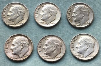 Lot Of 6 Clean Condition 1964 United States 90 Percent Silver 10 Cent Dimes