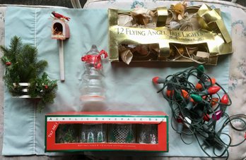 Lot Of 5 Vintage Christmas Items - Old School Lights, Angel Lights, Mailbox Decor, Glasses & Glass Candy Tree