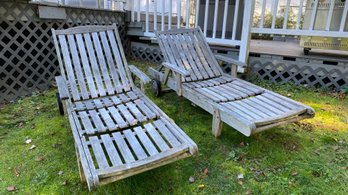 A Pair Of Teak Wood Outdoor Chaise On Wheel