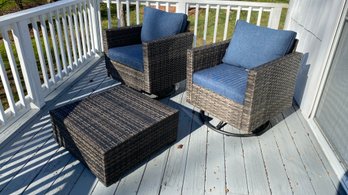 A Ovios Brand Rattan Wicke Swivel Chairs All Weather With Ottoman Denim Blue Cushions