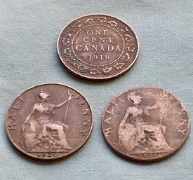 Lot Of 3 Decent Condition Foreign Coins - 1916 & 1920 British Half Penny & 1918 Canada One Cent