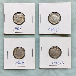 Lot Of 4 Clean Mounted Condition 1964 United States 90 Percent Silver Roosevelt Head 10 Cent Dimes