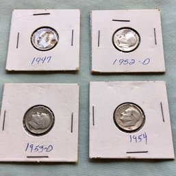 Lot Of 4 Clean Condition United States 90 Percent Silver Roosevelt Head 10 Cent Dimes 1947 1952-D 1953-D 1954