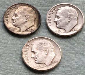 Lot Of 3 Clean Condition 1946 United States 90 Percent Silver Roosevelt Head 10 Cent Dimes