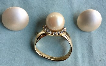 MCM Jewelry Lot Gold Diamond & Pearl Pin / Brooch & Earrings - Untested Unchecked Gold & Pearl