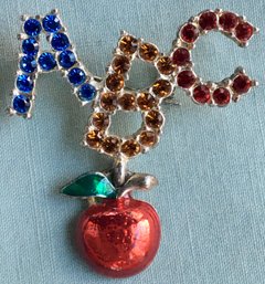 Vintage Jewelry Teacher's ABC's Apple Pin Brooch With Saphire Amber & Ruby Jewel Rhinestones