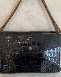 A Classic Design Alligator Black Evening Bag With Gold Chain Detail