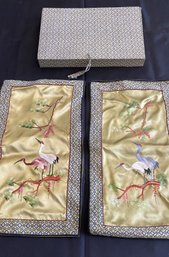 A Vintage Chinese Embroidery Silk Panels Pair -Birds & Flowers With Original Box