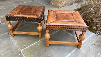 A Pair Of Antique Jacobean Style Leather Top Small Ottoman