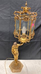 Antique Bronze Figural Lamp With Hexagonal Glass Shade - 9' X 31'h