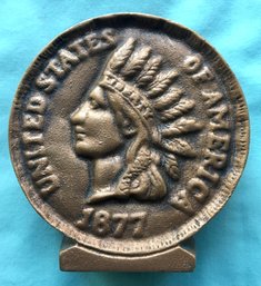 1877 United States Indian Head 1 Cent Penny Coin Shaped Advertising Bank Seabrook Bank NH Grand Opening