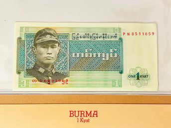 BURMA   - 1 Kyat -   Uncirculated Foreign Paper Money With Info/ History