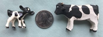 Lot Of 2 Vintage Tiny Miniature Pottery Or Glass & Carved Wood Momma Cow & Baby Calf