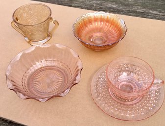 Lot Of 4 Various Carnival Depression Glass Items - Jeannette Louisa Floragold Fenton Merigold Anchor Hocking