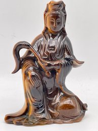 Vintage Carved Tiger Eye Stone Statue Of  Quan Yin/guanyin ? About 6' Tall (1)