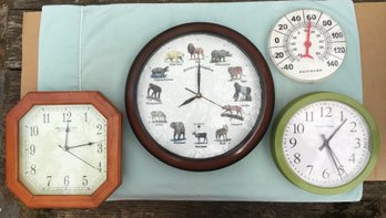 Lot Of 3 Vintage Wall Clocks And A Vintage Thermometer