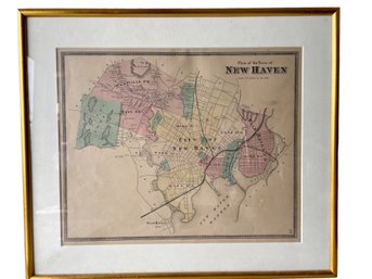 Antique FW Beers 1860' Framed Map Of New Haven.