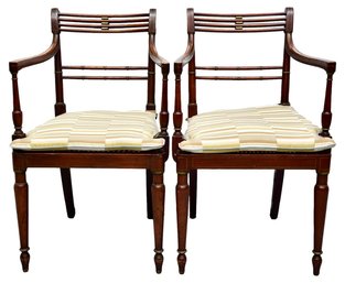 Pair Of Mahogany Cane Seat Arm Chairs With Custom Cushions