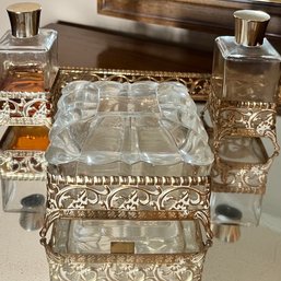 4 Piece Vintage Vanity Set With Mirrored Tray , Fillagree And Glass Box And 2 Perfume Bottles